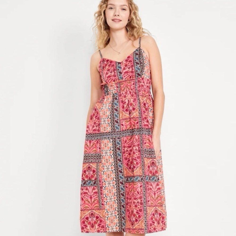 Old Navy Patchwork Boho Chic Midi Dress Cotton Poplin Beachy Coquette Vacation